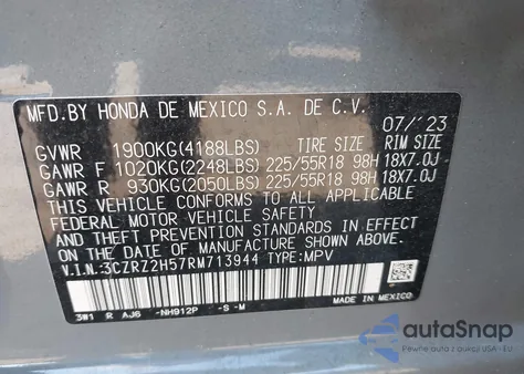 2024 Honda Hr-V Awd Sport/Awd Sport W/O Bsi из США, поврежденный, VIN 3CZRZ2H57RM713944